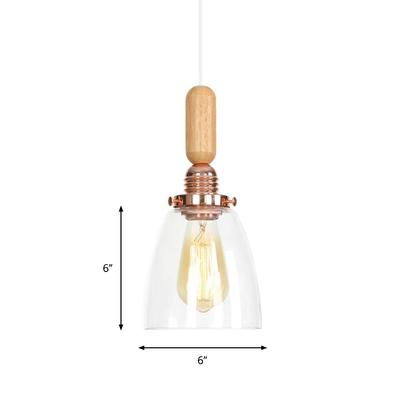 1-Licht-Untertasse/Glockenschirm-Hängelampe, rustikaler Roségold-Deckenanhänger aus klarem/klarem geripptem Glas mit Holzg...