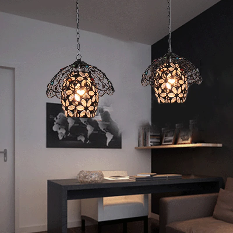 Fass/Laterne/Wellenförmige Restaurant-Anhänger, rustikales Eisen, 1 Licht, schwarze hängende Deckenleuchte mit buntem Perl...