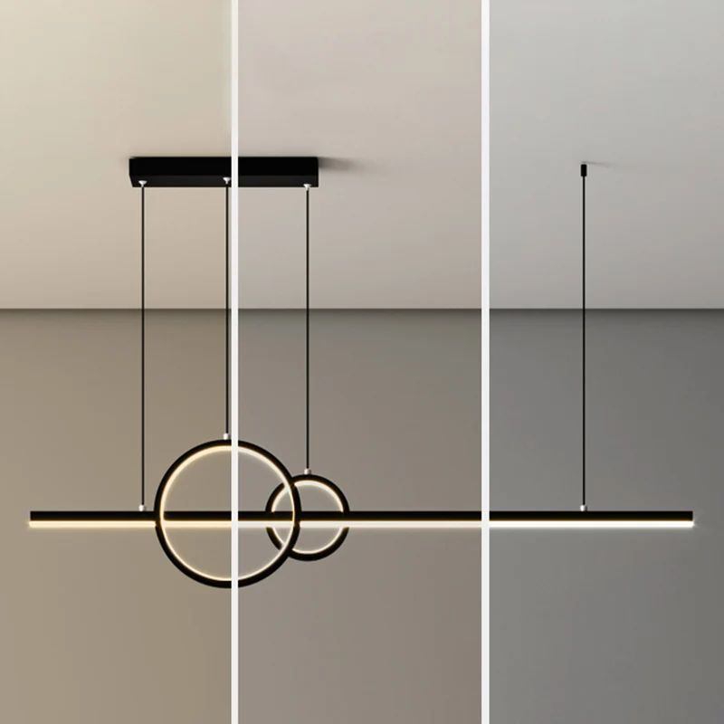 Lampe linéaire et annulaire minimaliste en acrylique noir, Suspension LED pour salle à manger