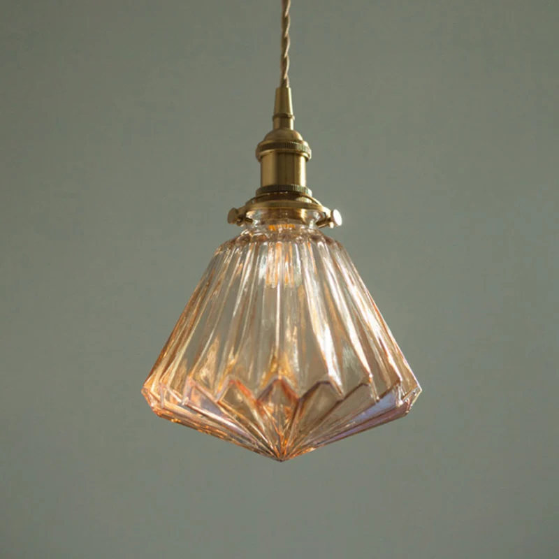 Lampe suspendue à 1 ampoule en forme de cône strié, laiton rustique, marron/verre diaphane, avec fond pointu