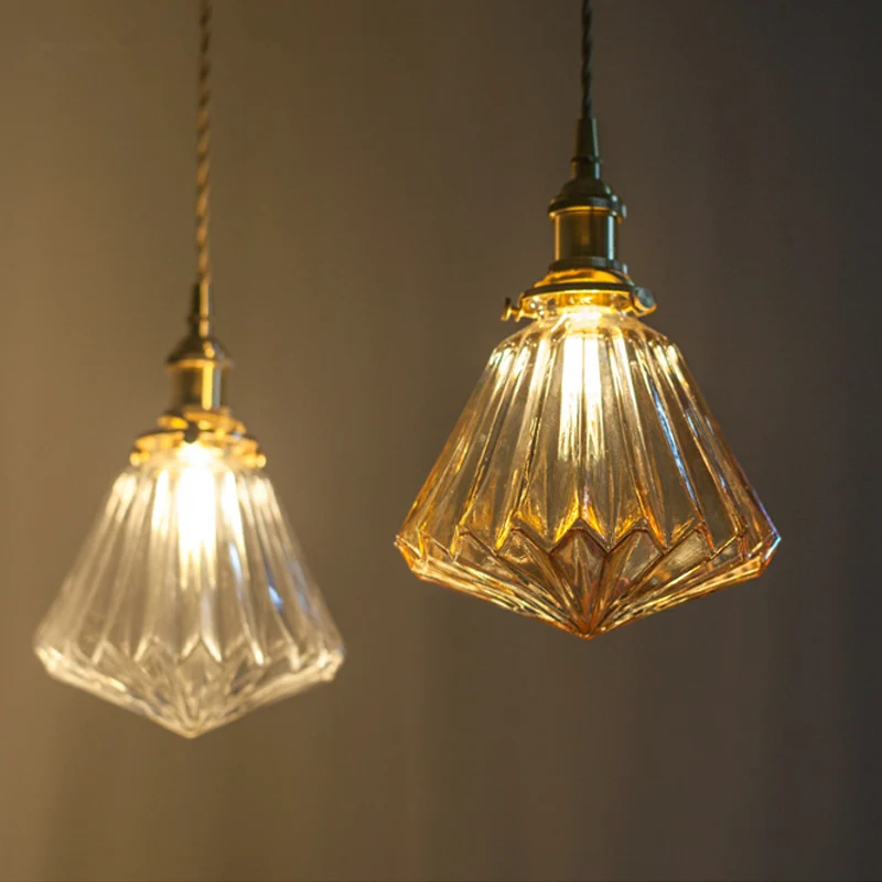 Lampe suspendue à 1 ampoule en forme de cône strié, laiton rustique, marron/verre diaphane, avec fond pointu