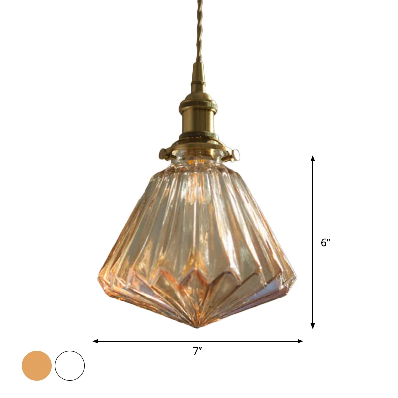 Lampe suspendue à 1 ampoule en forme de cône strié, laiton rustique, marron/verre diaphane, avec fond pointu