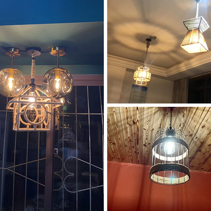 Lampe suspendue en cage en corde de chanvre, luminaire suspendu rustique à 1 ampoule pour restaurant, marron