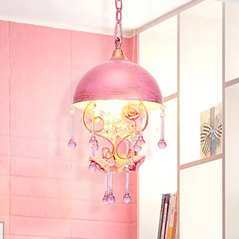 Lampe suspendue dôme Rose/bleu en métal pastoral, 1 ampoule, luminaire suspendu pour salon avec décoration Rose