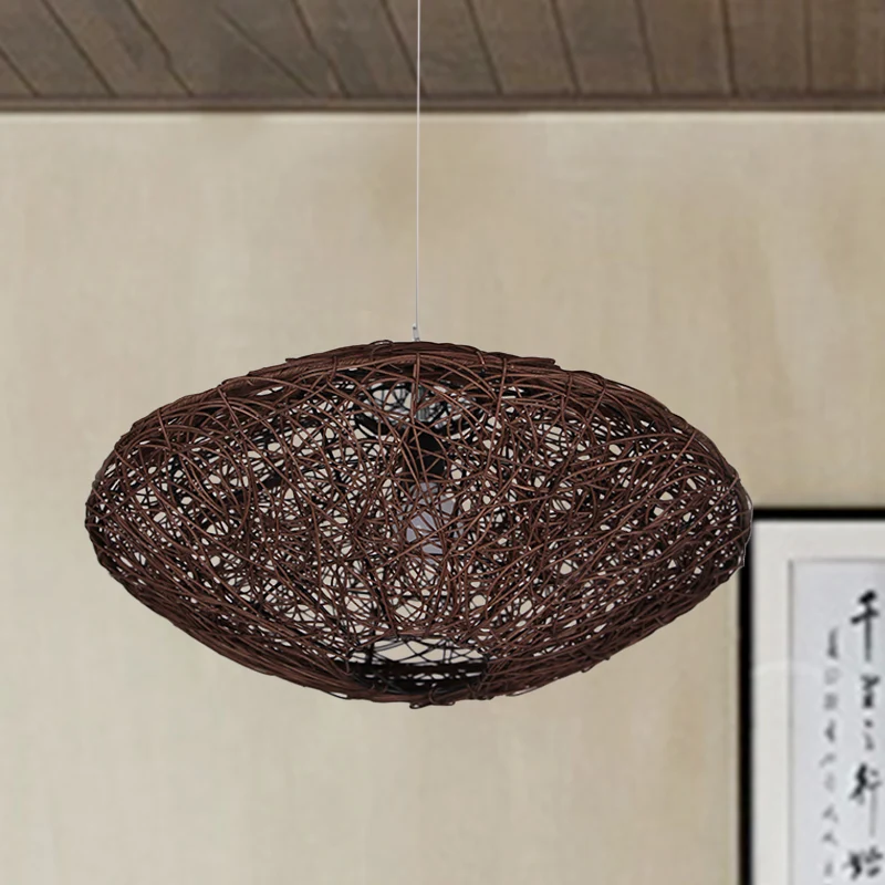 Lampe suspendue pour salon de thé à 1 tête, luminaire asiatique noir/blanc avec lanterne et abat-jour en rotin