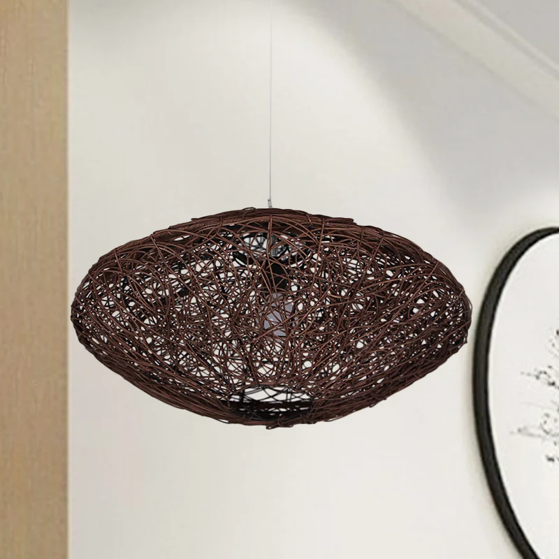 Lampe suspendue pour salon de thé à 1 tête, luminaire asiatique noir/blanc avec lanterne et abat-jour en rotin