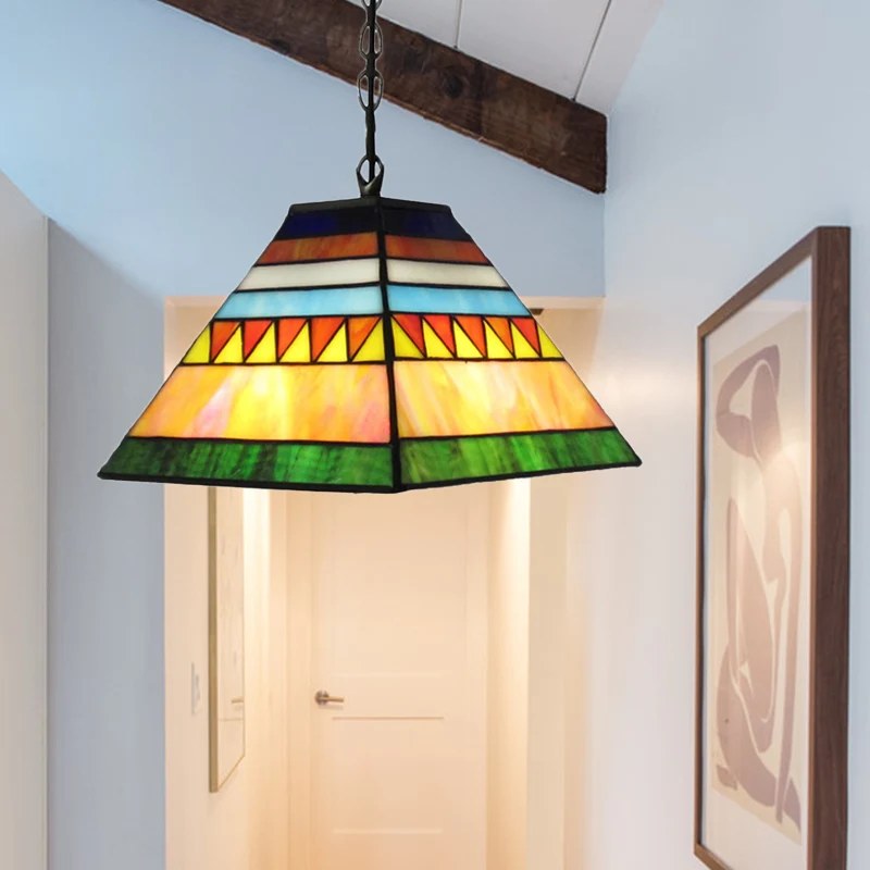 Lampe suspendue pyramide en verre teinté, ampoule édit, style Tiffany, orange/jaune/orange et jaune, pour hall