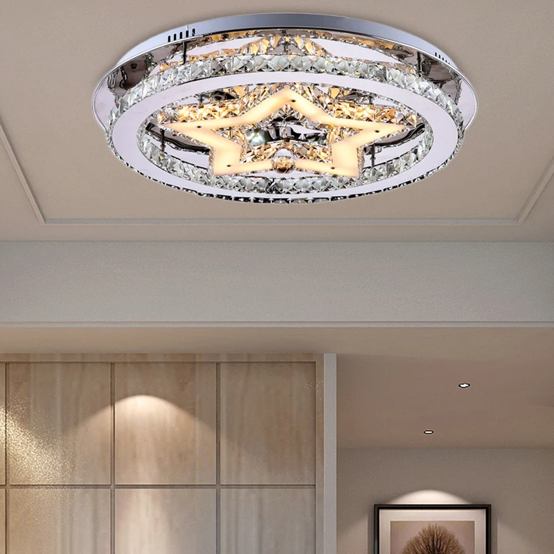 Lampe suspendue semi-encastrée en forme d'étoile de style moderne avec abat-jour rond en cristal transparent 16"/19,5"/23,...