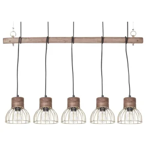 Lampe suspension 5 ampoules cuivré et bois évident VARADA