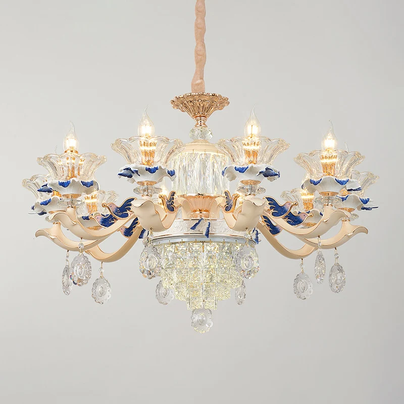 Lampe à suspension en verre nervuré en forme de fleur, lustre de salon de style classique avec drapage en cristal blanc