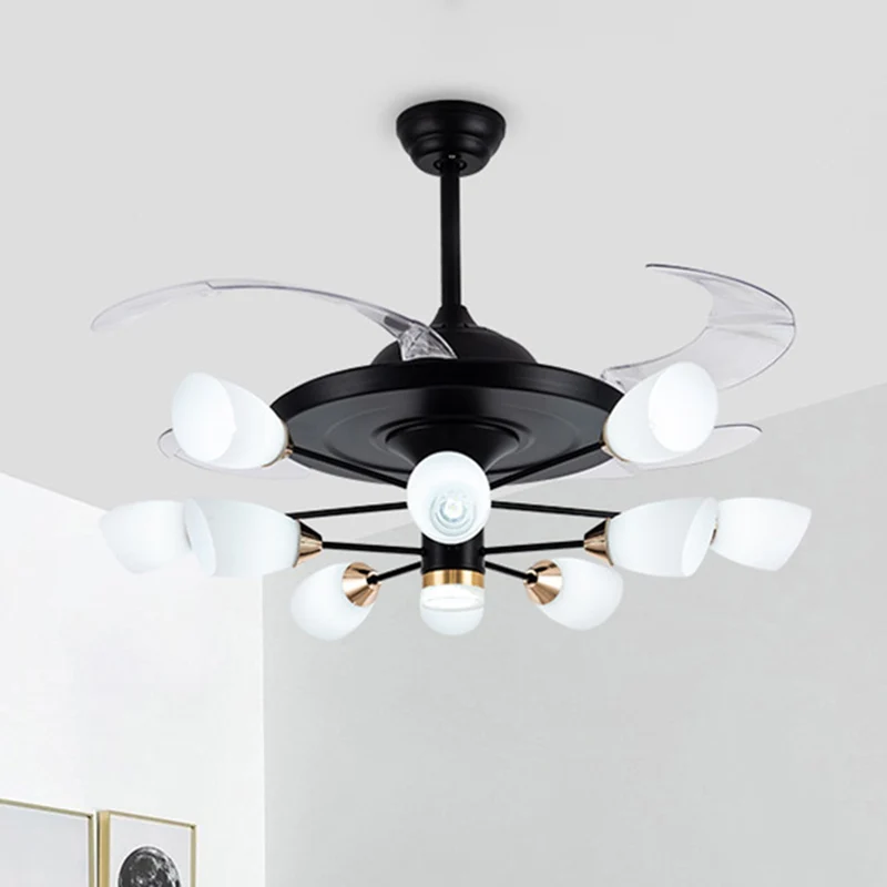 Lustre contemporain tulipe suspendu à 4 pales en verre blanc, lustre semi-encastré à 10 têtes pour salon, noir, 42 po de l...