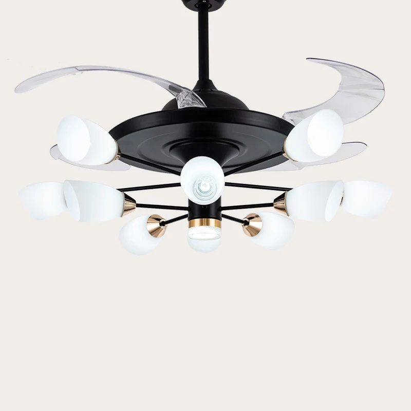 Lustre contemporain tulipe suspendu à 4 pales en verre blanc, lustre semi-encastré à 10 têtes pour salon, noir, 42 po de l...