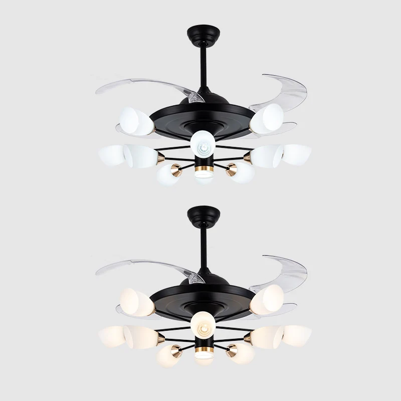Lustre contemporain tulipe suspendu à 4 pales en verre blanc, lustre semi-encastré à 10 têtes pour salon, noir, 42 po de l...