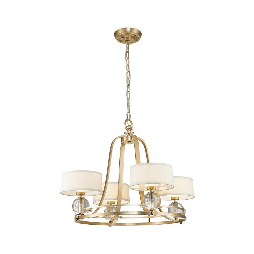 Lustre Gotham, abat-jour tissu, 4 lampes, laiton