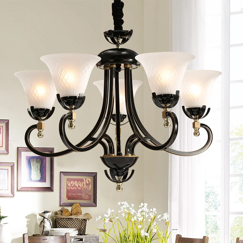 Lustre de plafond évasé à 5/8 ampoules, luminaire suspendu ancien en verre crème noir pour Restaurant