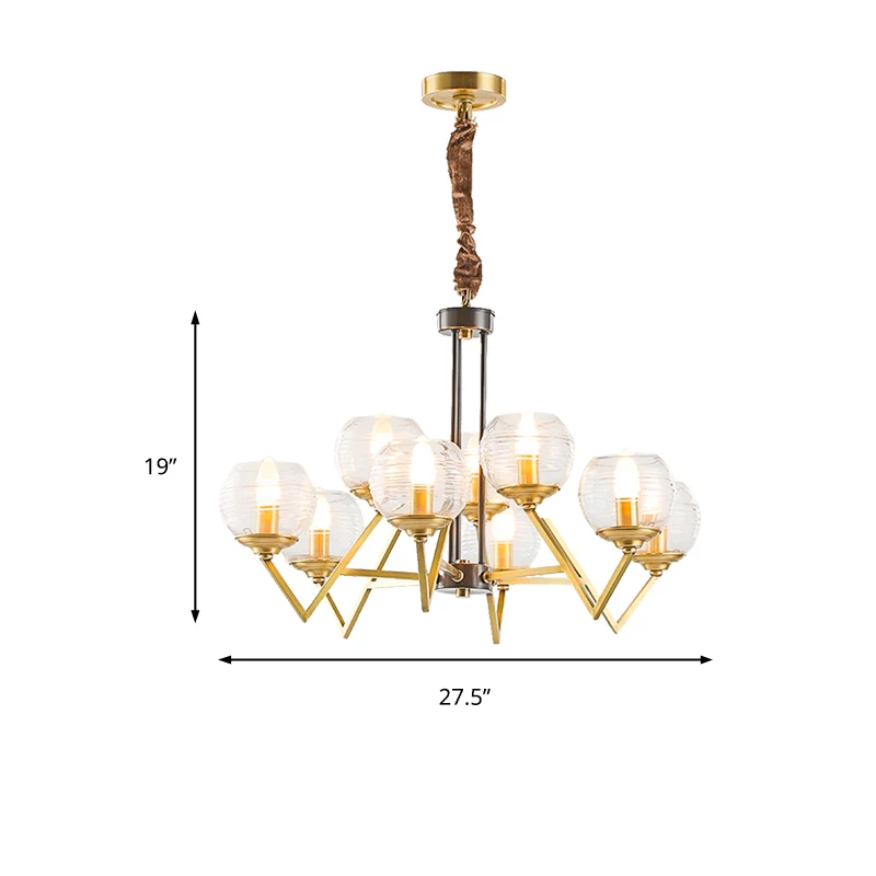 Lustre suspendu doré à 9/12 lumières, Globe classique en verre nervuré transparent, luminaire suspendu pour le salon