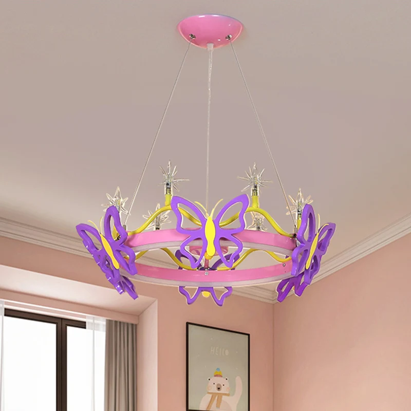 Lustre suspendu rose pour chambre de fille, 7 ampoules, lampe suspendue avec abat-jour en acrylique papillon/couronne