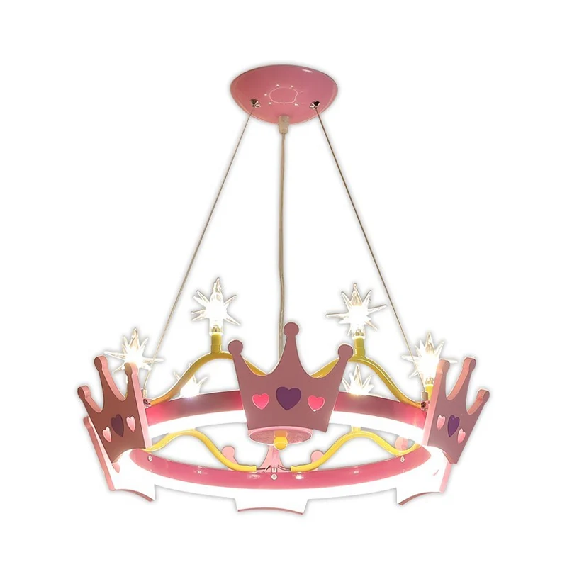 Lustre suspendu rose pour chambre de fille, 7 ampoules, lampe suspendue avec abat-jour en acrylique papillon/couronne