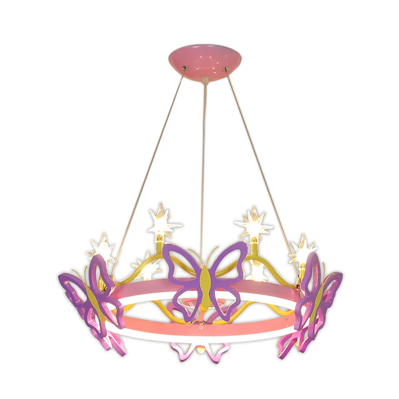 Lustre suspendu rose pour chambre de fille, 7 ampoules, lampe suspendue avec abat-jour en acrylique papillon/couronne