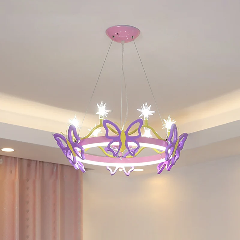 Lustre suspendu rose pour chambre de fille, 7 ampoules, lampe suspendue avec abat-jour en acrylique papillon/couronne