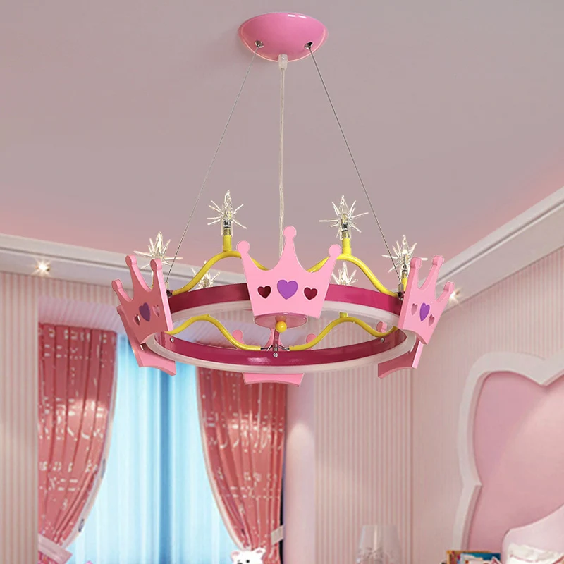 Lustre suspendu rose pour chambre de fille, 7 ampoules, lampe suspendue avec abat-jour en acrylique papillon/couronne