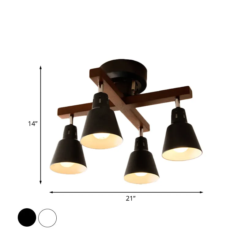 Plafonnier rotatif conique Lodge à 4 ampoules en fer, éclairage semi-encastré en noir/blanc avec bras en bois croisé