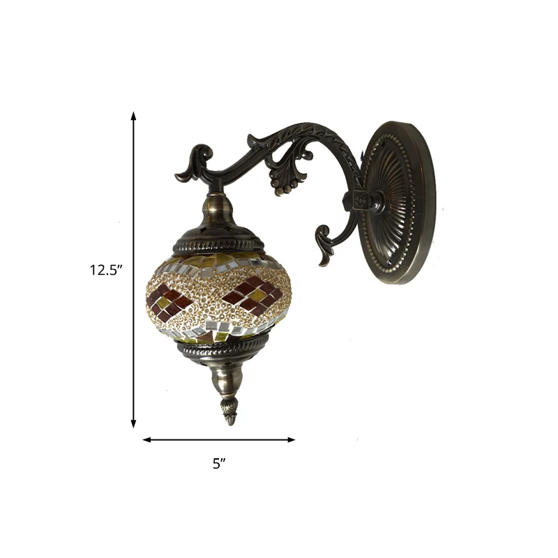 Wandleuchte mit gebogenem Arm, traditionelle Metall-1-Kopf-Bronze-Wandleuchte mit kugelförmigem gelb-grünem Glasschirm für...