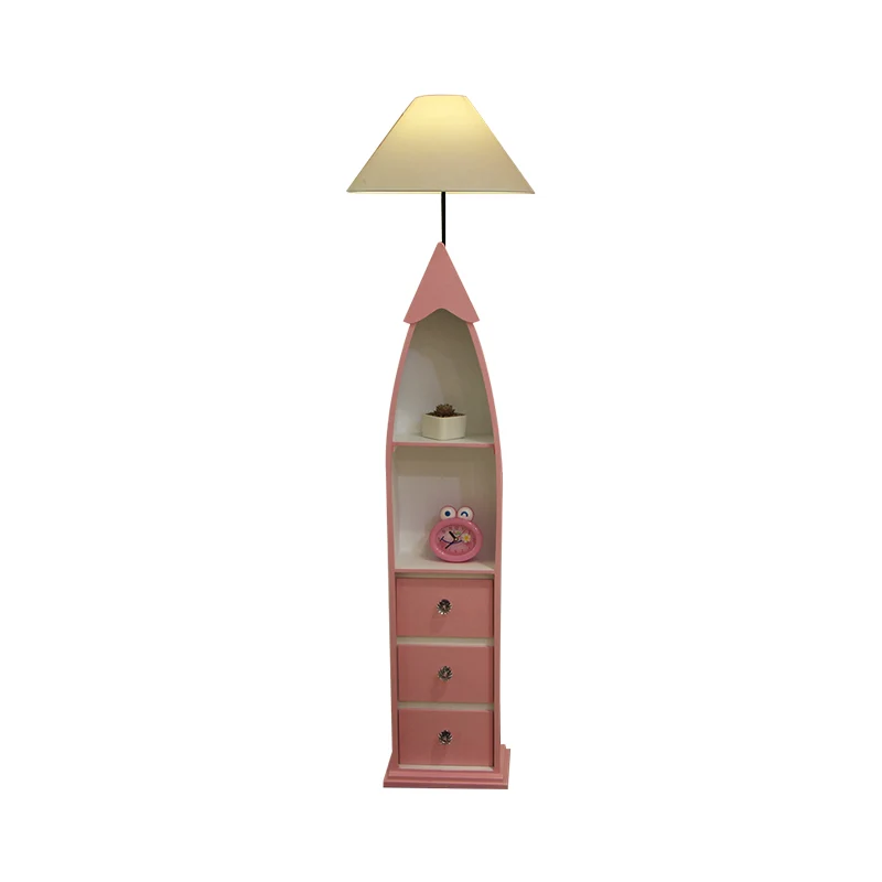 Abat-jour en tissu Lampadaire en forme de bateau pour enfant, lampe sur pied blanche accessible en bois avec casier et aba...