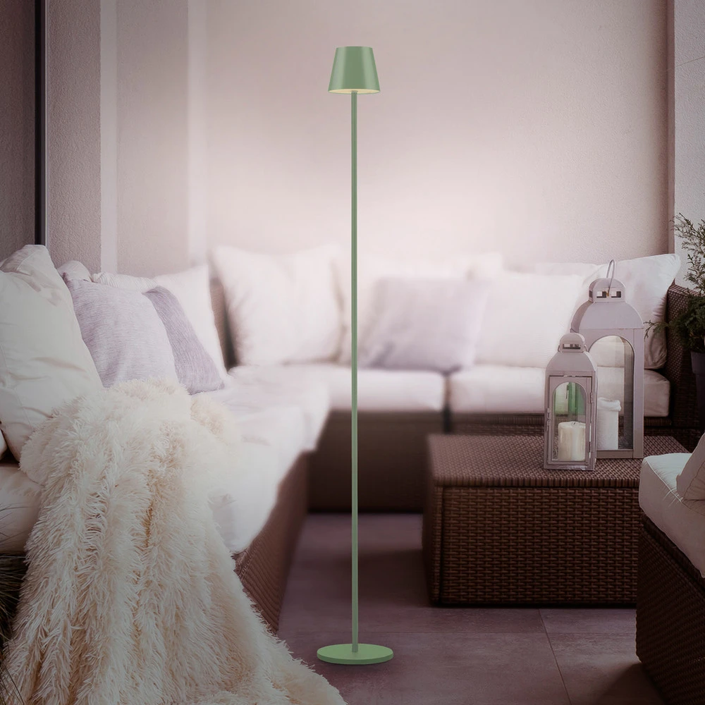 JUST LIGHT. Lampe sur pied LED accumulateur Euria, vert, fer, IP54 en papier artisanal