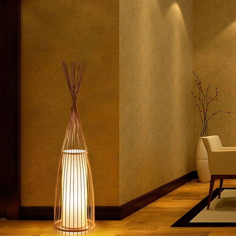 Lampadaire asiatique en forme de poisson noir/beige, lampe sur pied en bambou à ampoule exceptionnel pour le salon, 12/15...