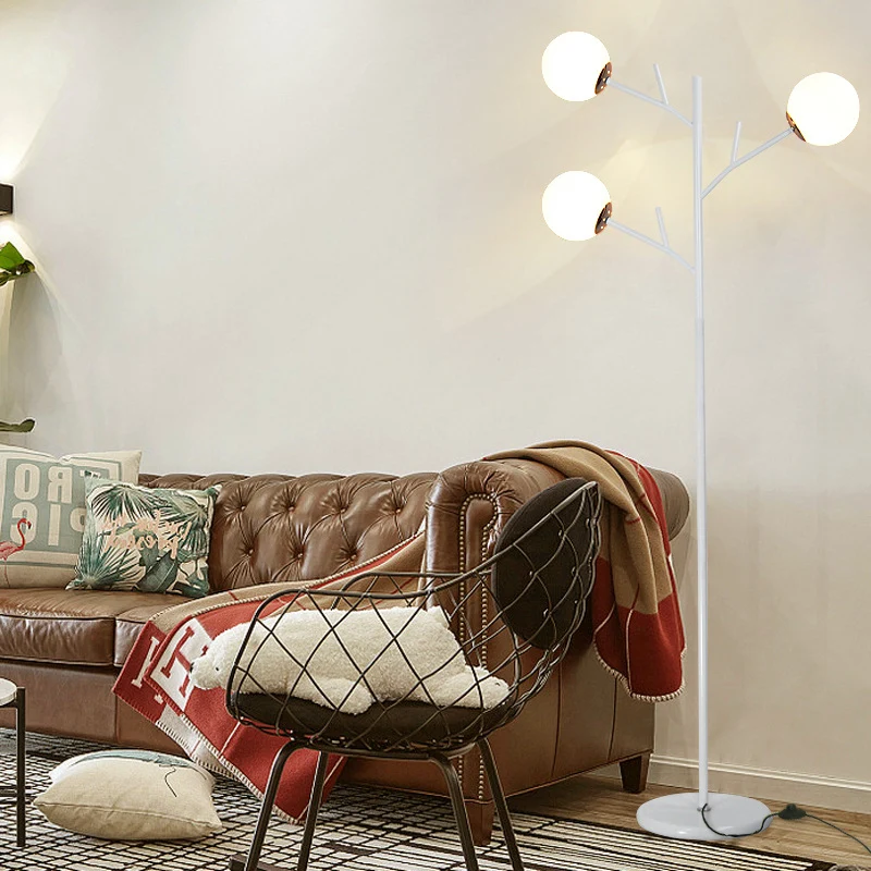 Lampadaire contemporain en forme d'arbre en métal, 3 ampoules, lampe sur pied noir/blanc pour chambre à coucher pour décor...