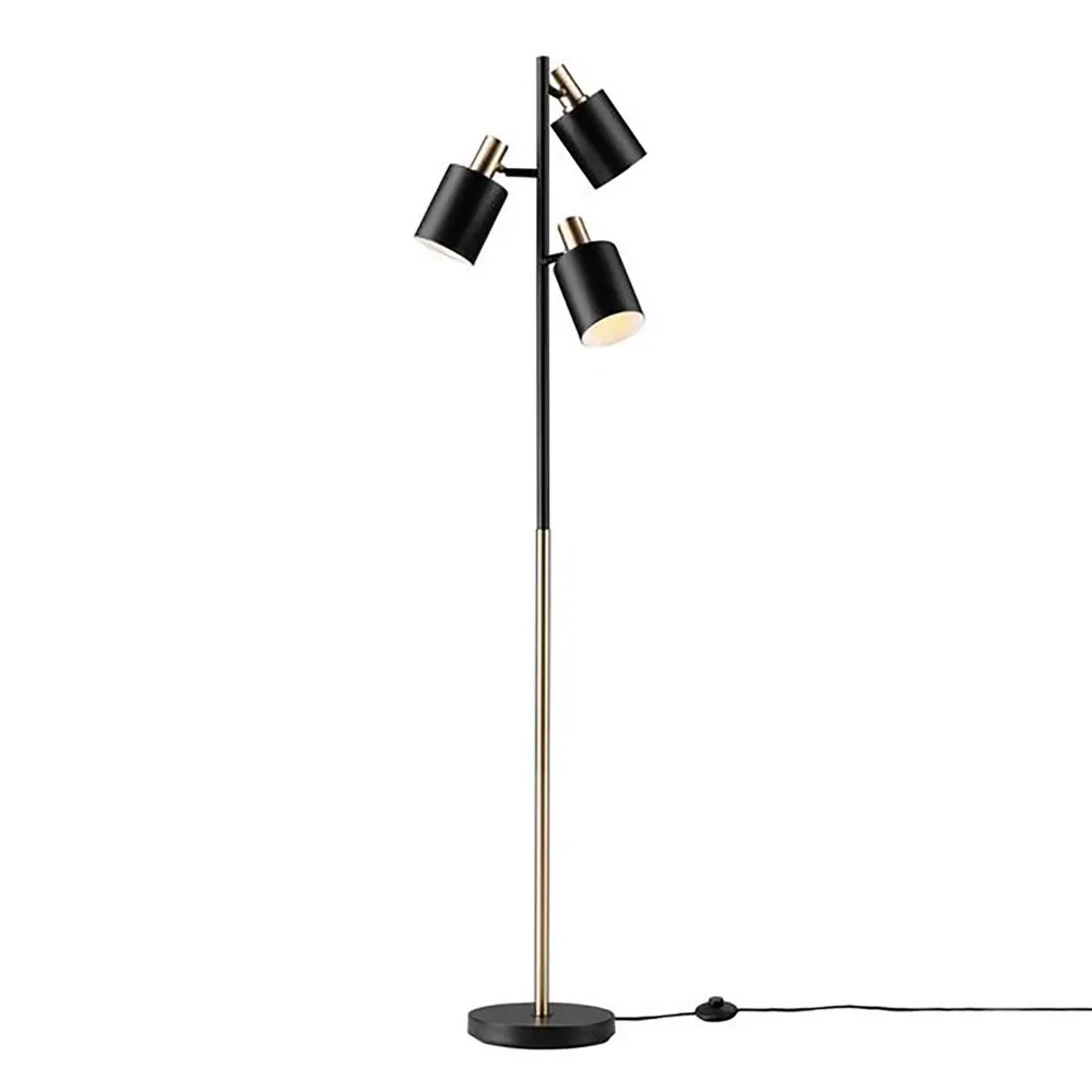 Lampe sur pied Lexie à 3 lumières en noir mat et laiton antique, 67" avec ampoule LED incluse