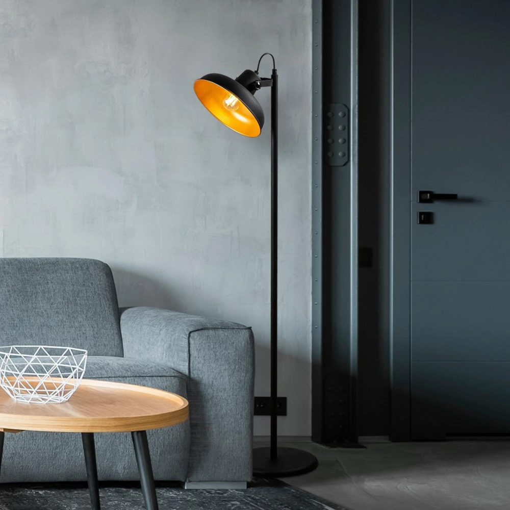 Lampe sur pied Lik 4036, abat-jour inclinable, noir/or en lin naturel