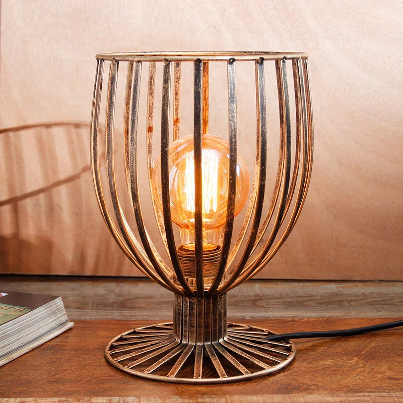 Lampe de table sur pied à 1 lumière bronze/noir, éclairage de dur élégant en fer forgé avec cage en verre à vin et abat-jour