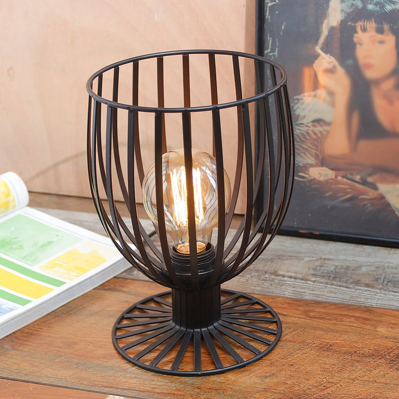Lampe de table sur pied à 1 lumière bronze/noir, éclairage de dur élégant en fer forgé avec cage en verre à vin et abat-jour