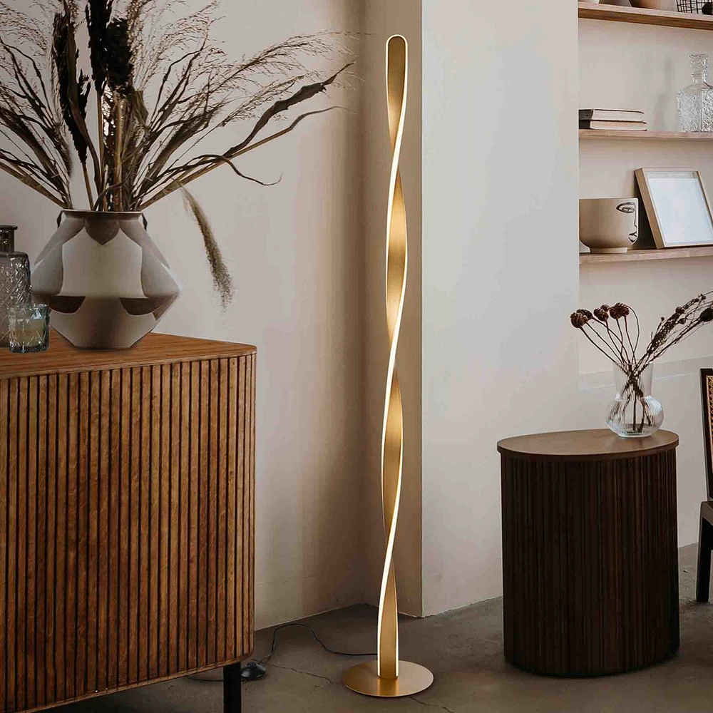 Suspension à trois bras Lampe sur pied LED Twist, aluminium, métal, acrylique, doré