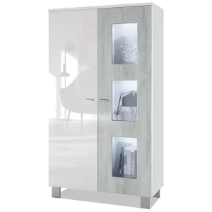 Vitrine sur pied avec 2 portes et 3 vitres, blanc mat/blanc haute brillance/aspect béton oxyde, éclairage led inclus (71 x...
