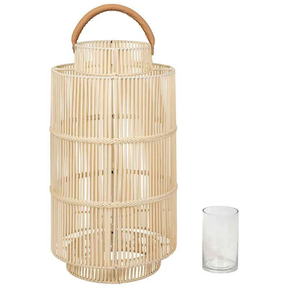 Lanterne d'extérieur pasil osier blanc cuir de vache 40x75cm Autonomie : 12 heures