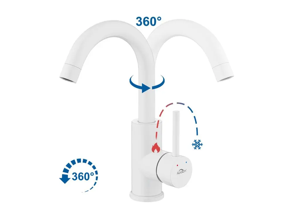 AuraLum Max Robinet de Lavabo Blanc Rotation à 360°Mitigeur Salle de Bain avec Barboteur démontable, Eau froide et chaude,...