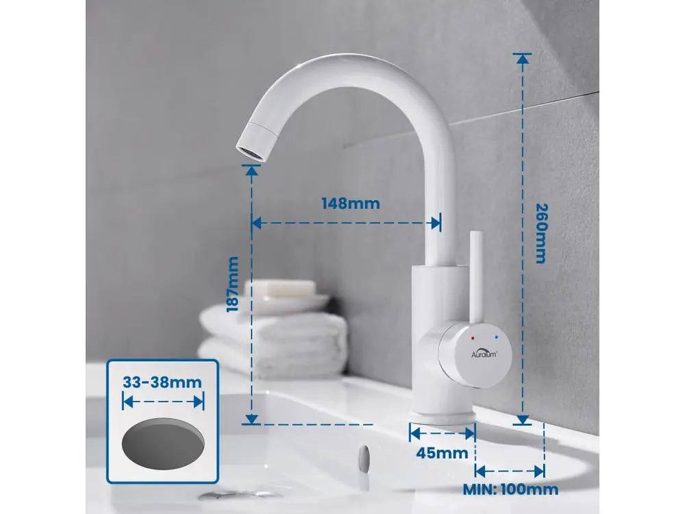 AuraLum Max Robinet de Lavabo Blanc Rotation à 360°Mitigeur Salle de Bain avec Barboteur démontable, Eau froide et chaude,...