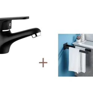 AuralumMax Noir Robinet Mitigeur Lavabo ave Bubbler amovible,en Laiton+Porte Serviette Salle Bain Adhésif/Perçage,Barres P...