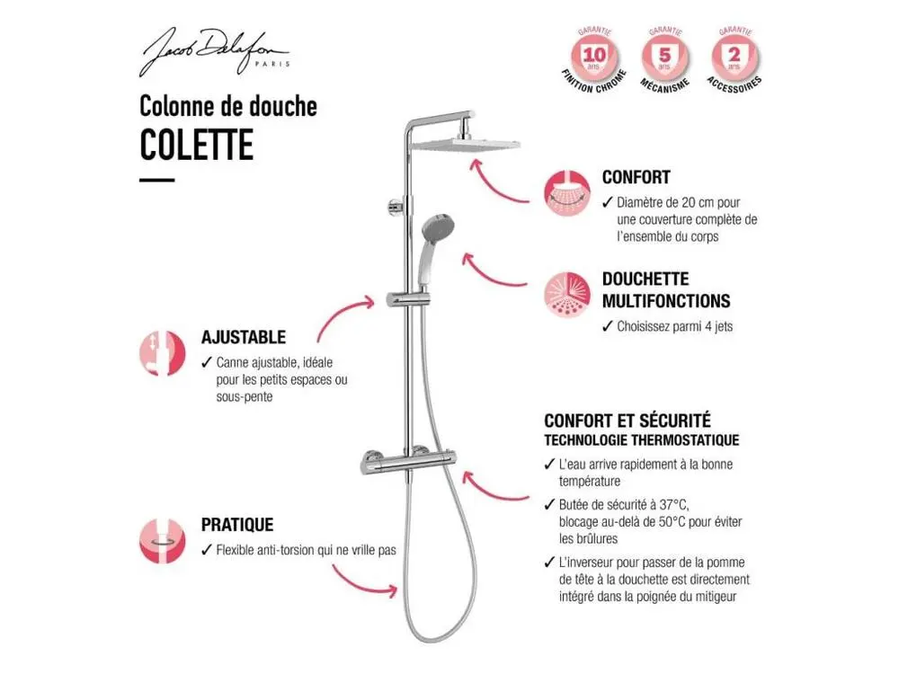 Colonne de douche thermostatique JACOB DELAFON Colette Acier chromé + nettoyant Briochin