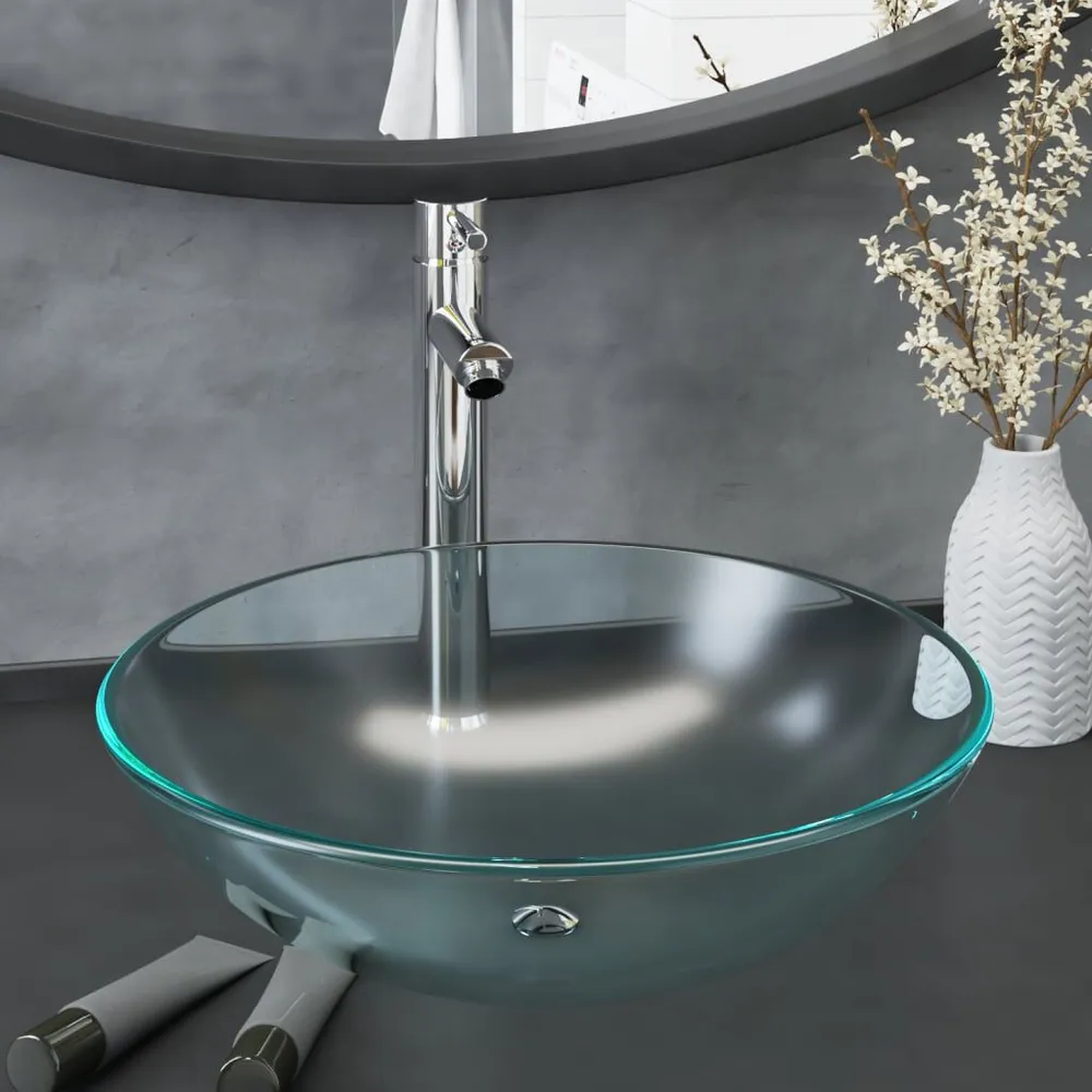 Lavabo de bain avec robinet et drain à poussoir Verre trempé | Économie d'Eau | Haute Pression