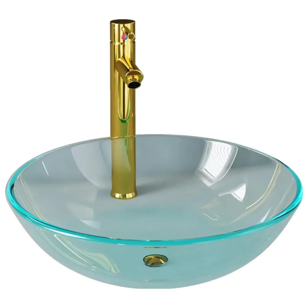 Lavabo de bain diamètre 42 cm avec robinet et drain à poussoir verre trempé 02_0002846