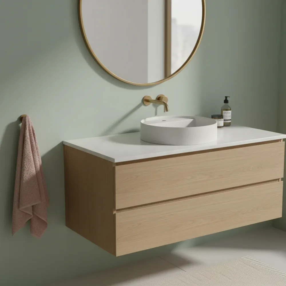 Lavabo rond à poser avec plan robinetterie série Smart-B de Ceramica Galassia - Sable diam. 45cm avec Flexible 1,5 m