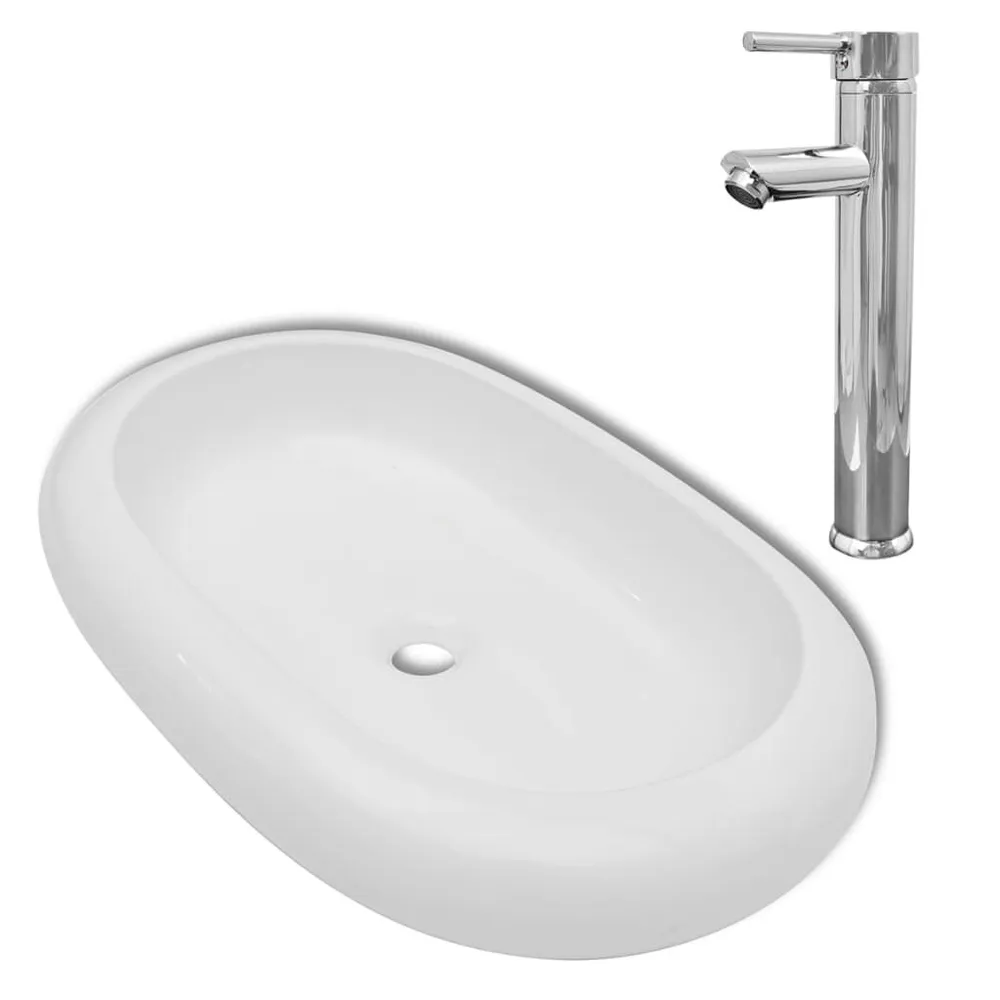 Lavabo de salle de bain avec mitigeur Céramique Ovale Blanc avec Douchette Économique