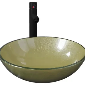 Lavabo vasque salle de bain diamètre 42 cm avec robinet et drain à poussoir verre trempé 02_0002865