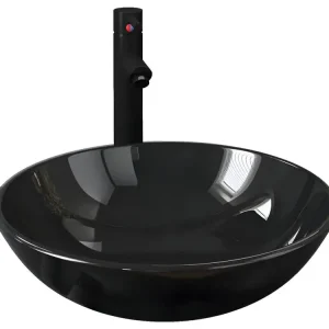 Lavabo vasque salle de bain diamètre 42 cm avec robinet et drain à poussoir verre trempé noir 02_0002855
