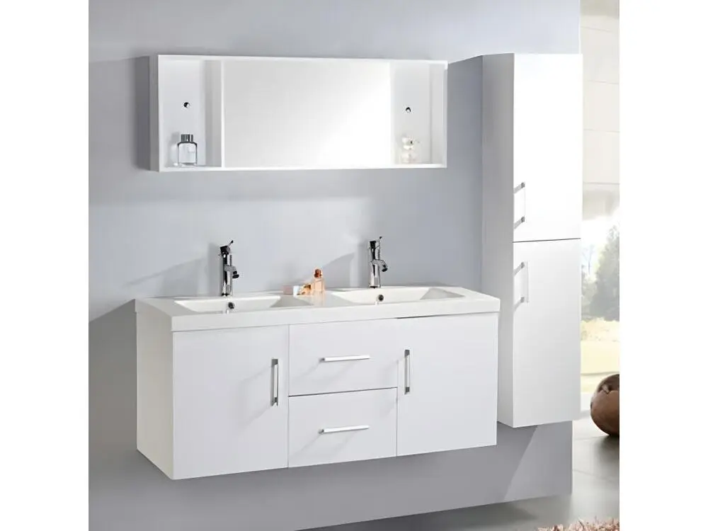 Meuble de Salle de Bain blanc 120 cm Colonne et Lavabo inclus – Emily