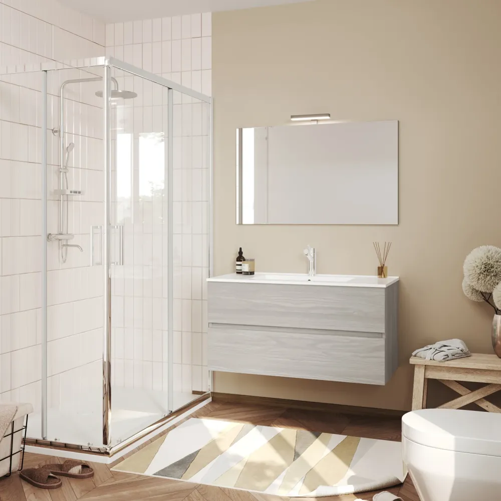 Meuble de salle de bain mobile avec lavabo et miroir Symmetry Sobre 4 - Cubi&Co Chêne Gris avec Flexible 1,5 m